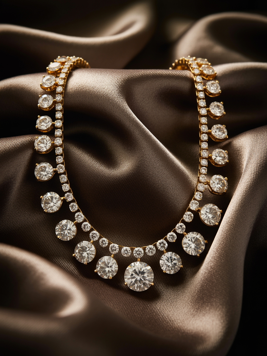 Gold diamond necklace on dark velvet