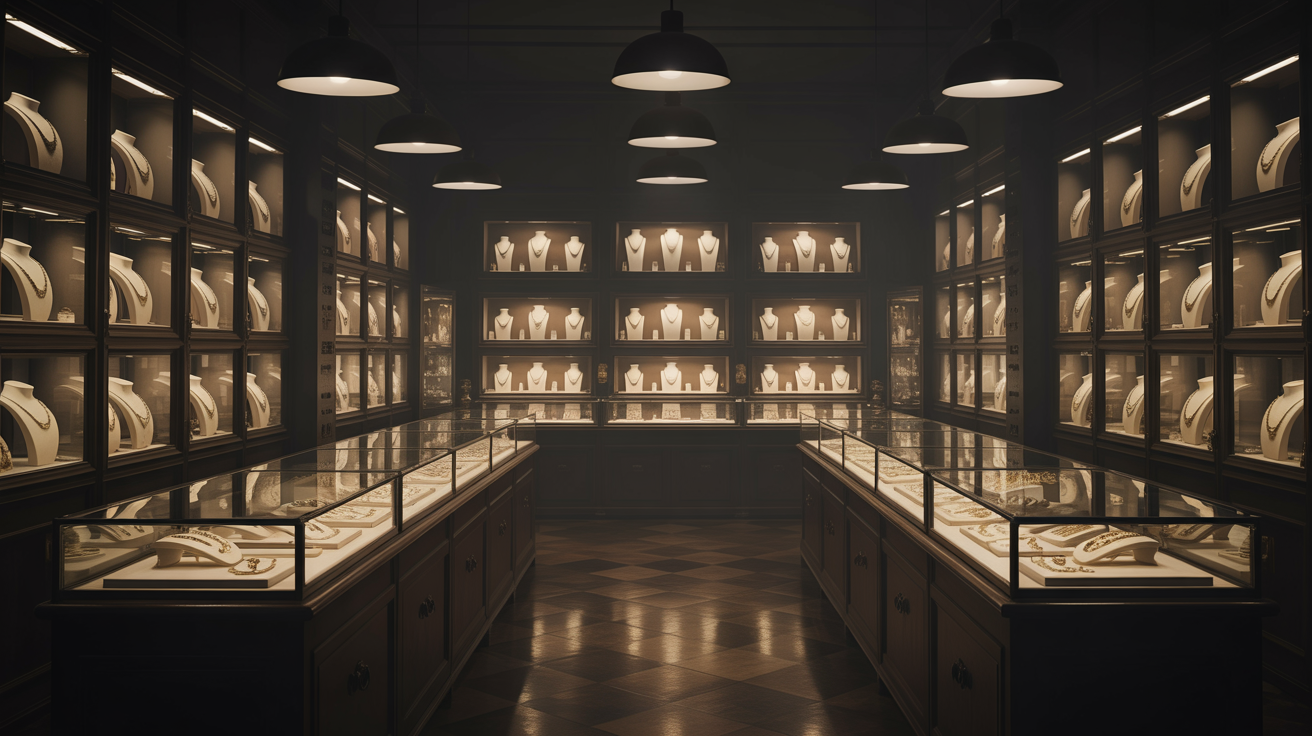 Luxury jewelry workshop with warm golden lighting